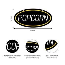 LED Popcorn Neon Sign, 18″x9″