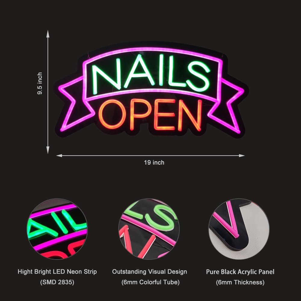 LED Nails Open Neon Sign, 19"x9.5" - Image 4