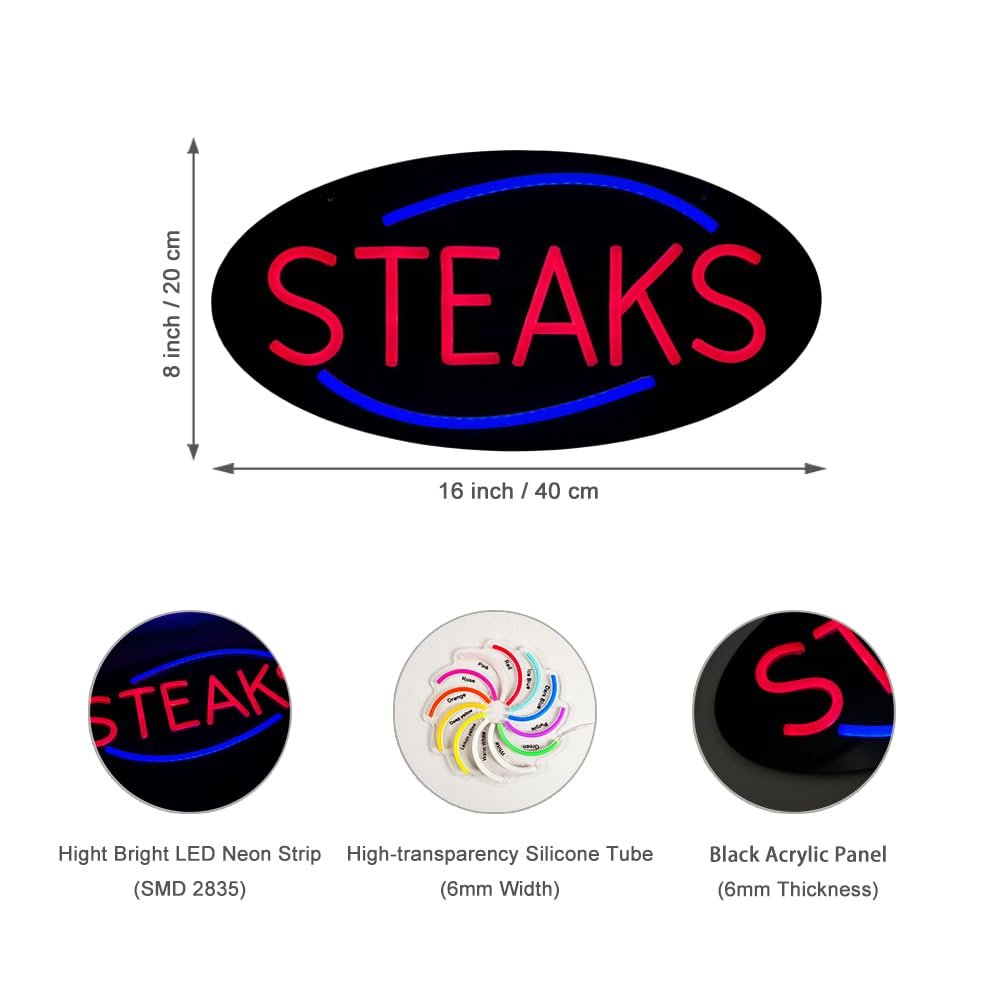 LED Steaks Neon Sign, 16"x8" - Image 4