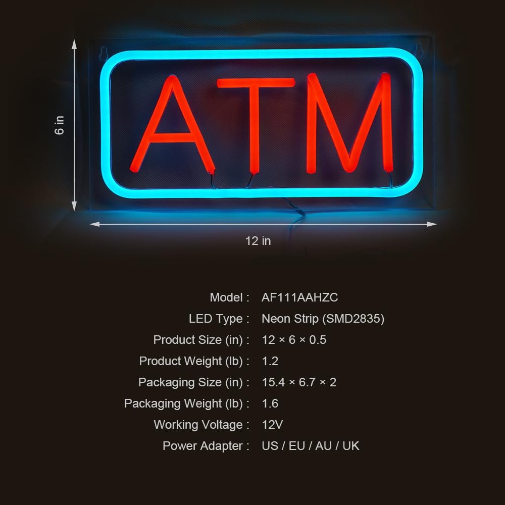 ATM Neon Sign, Red, 12"x6" - Image 5