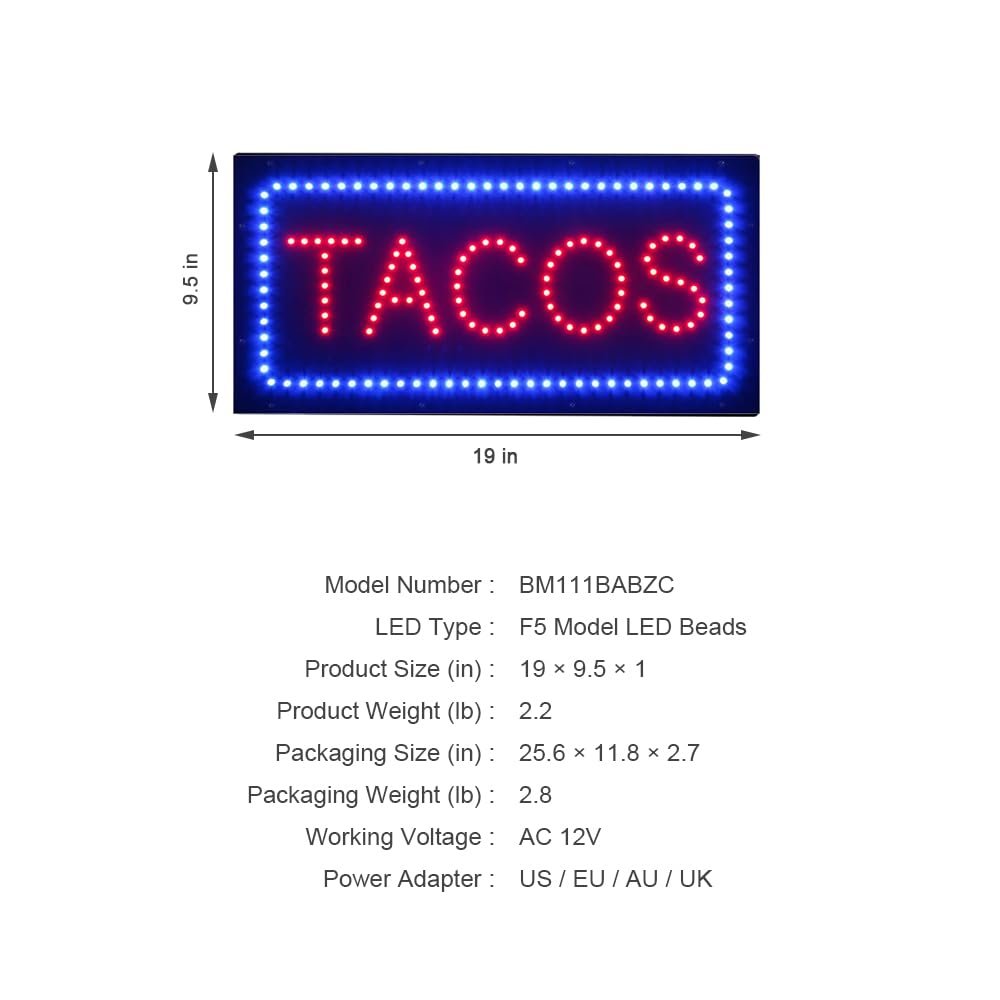 LED Tacos Sign, 19"ร9.5" - Image 4