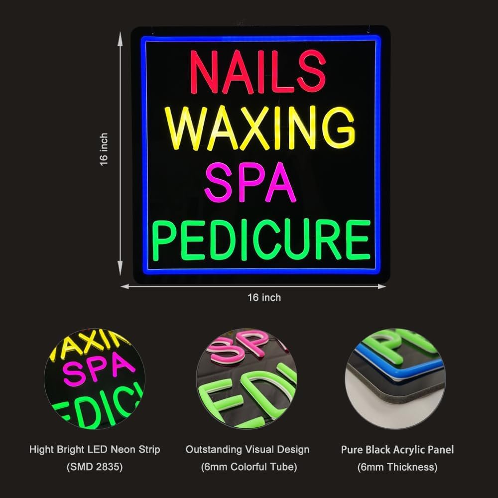 Nails Waxing Spa Pedicure LED Neon Signs, 16"ร16" - Image 4