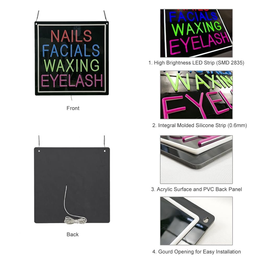 Nails Facials Waxing Eyelash LED Neon Sign, 20"ร20" - Image 5