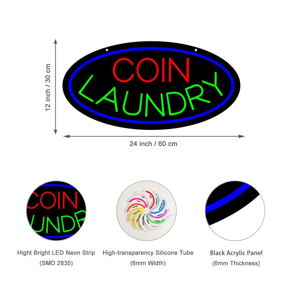 LED Coin Laundry Neon Sign, 24"x12" - Image 2