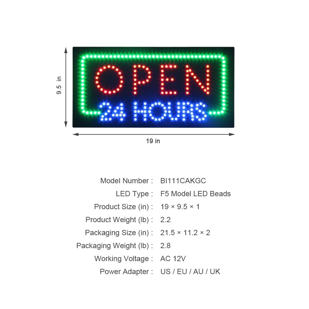 LED Open 24 Hours Sign, 19"×9.5" - Image 4