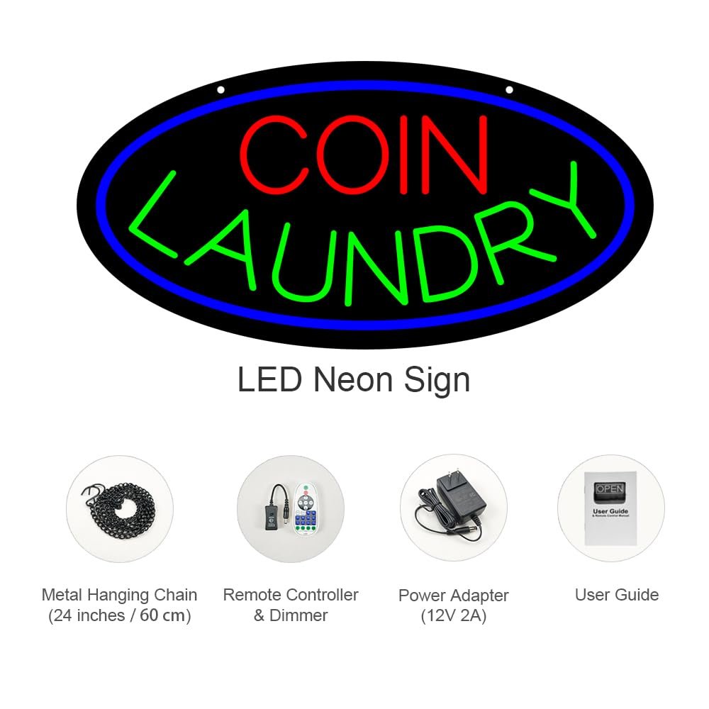 LED Coin Laundry Neon Sign, 24"x12" - Image 3