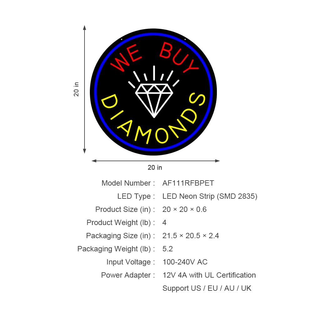 LED We Buy Diamonds Neon Sign, 20"×20" - Image 4