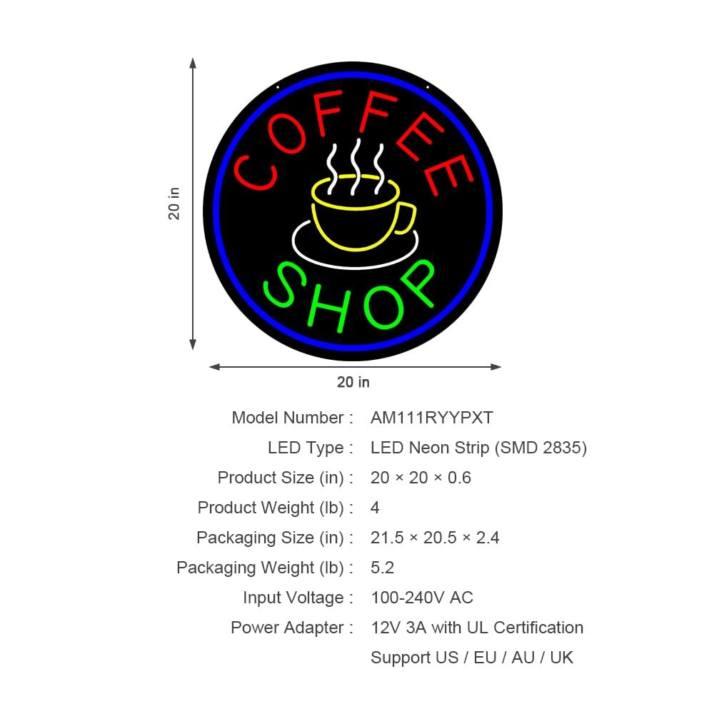 LED Coffee Shop Neon Sign, 20"x20" - Image 4