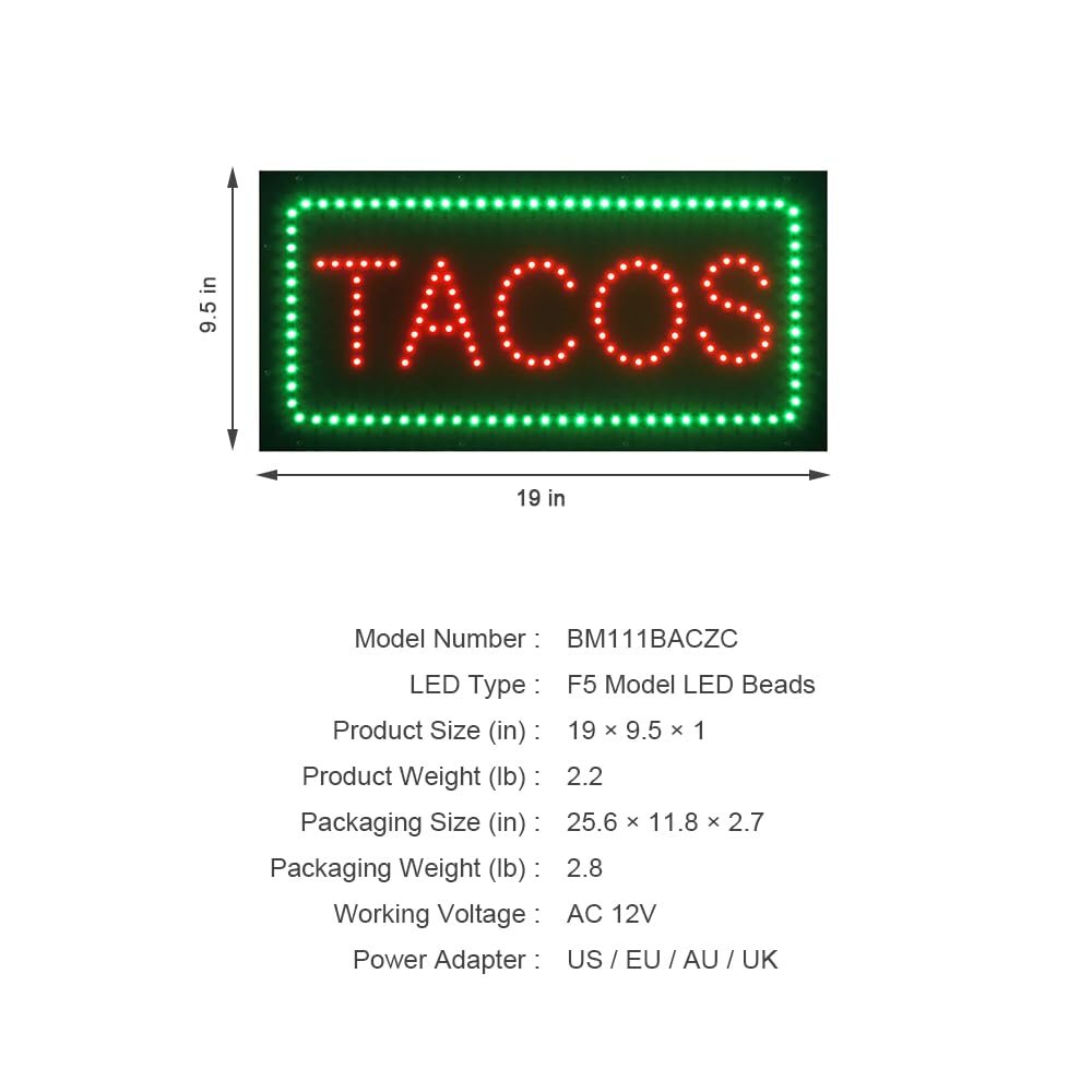 LED Tacos Sign, 19"x9.5" - Image 4