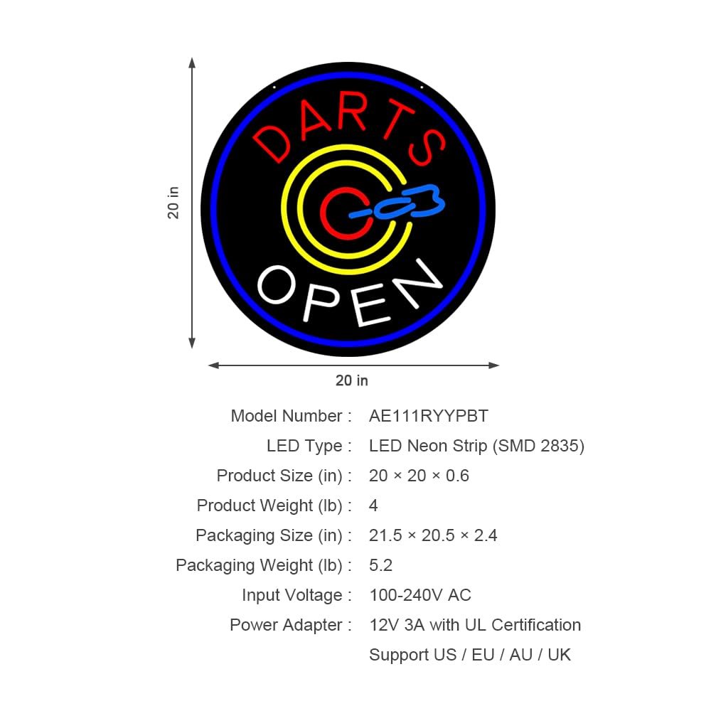 LED Darts Open Neon Sign, 20"×20" - Image 3