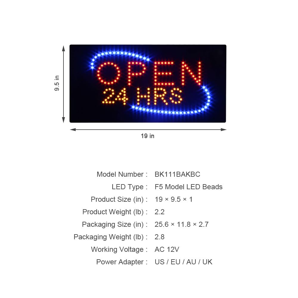 LED Open 24 HRS Sign, 19"×9.5" - Image 4