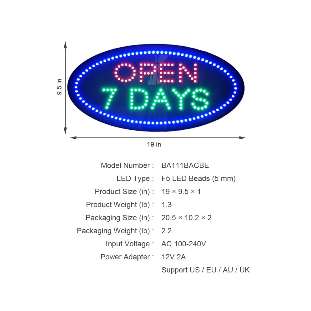 Open 7 Days LED Sign, 19"x9.5" - Image 5