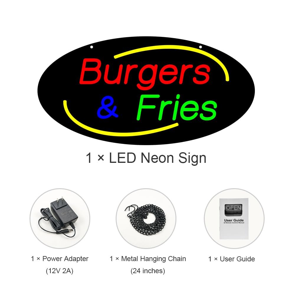 LED Burgers Fries Neon Sign, 24"x12" - Image 3