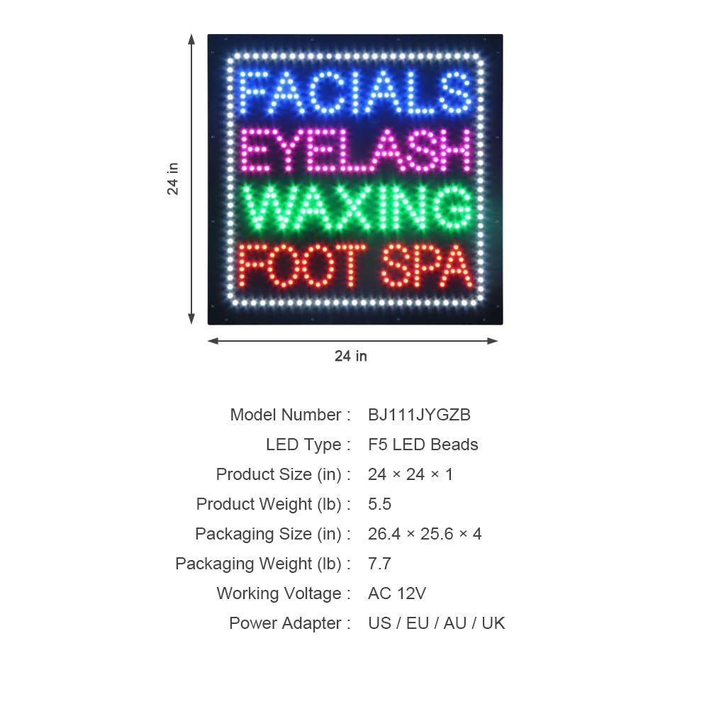 LED Facial Eyelash Waxing Foot Spa Sign, 24"x24" - Image 4
