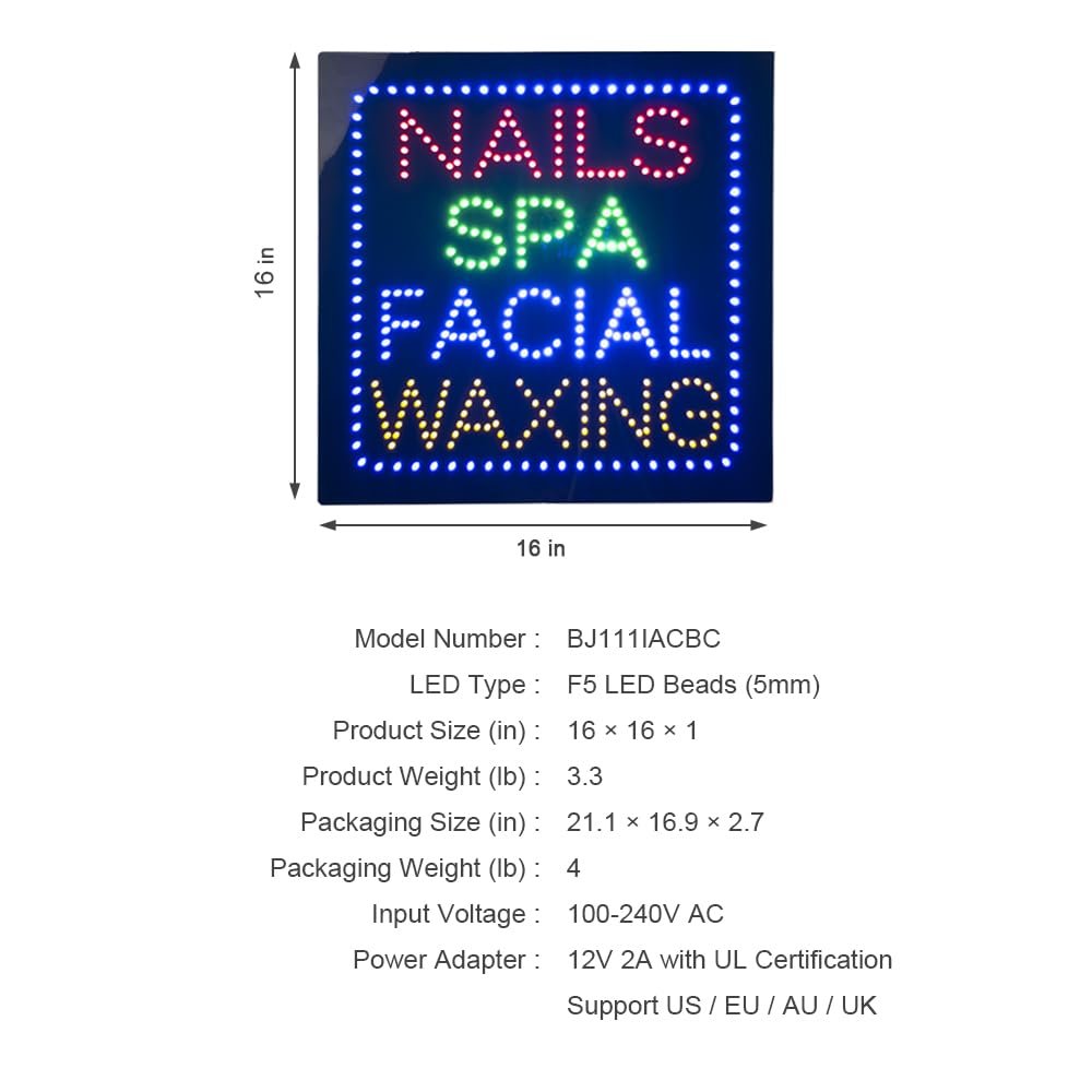 LED Nails SPA Facial Waxing Sign, 16"x16" - Image 5
