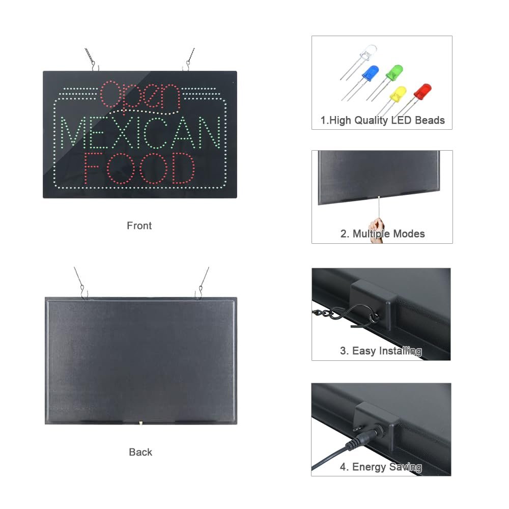LED Open Mexican Food Sign, 24"x16" - Image 3