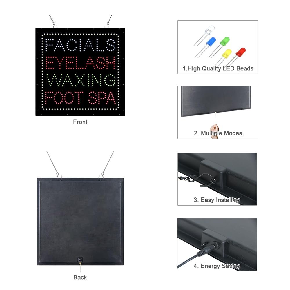 LED Facial Eyelash Waxing Foot Spa Sign, 24"x24" - Image 3