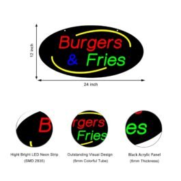 LED Burgers Fries Neon Sign, 24″x12″