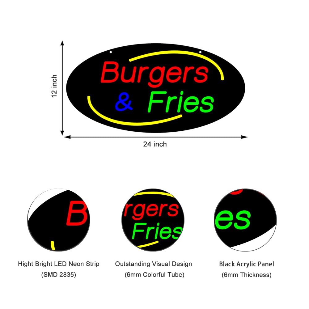 LED Burgers Fries Neon Sign, 24"x12" - Image 2