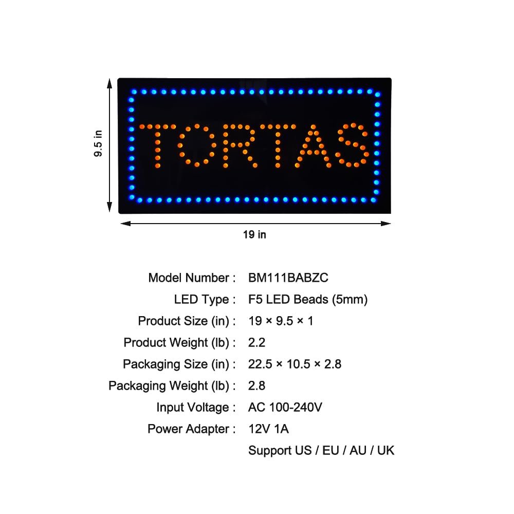 LED Tortas Sign, 19”x9.5” - Image 5