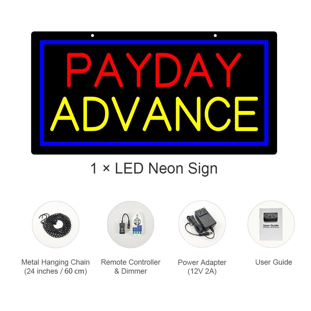 LED Payday Advance Neon Sign, 20"x10" - Image 3