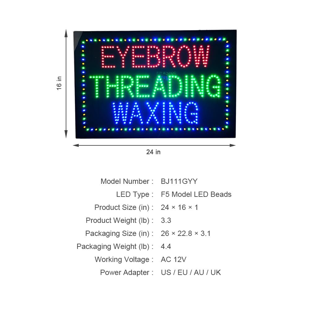 LED Eyebrow Threading Waxing Sign, 24"x16" - Image 6