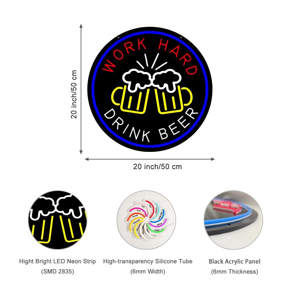 LED Work Hard Drink Beer Neon Sign, 20"x20" - Image 3