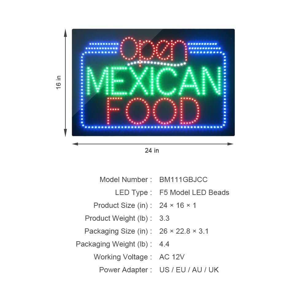 LED Open Mexican Food Sign, 24"x16" - Image 4