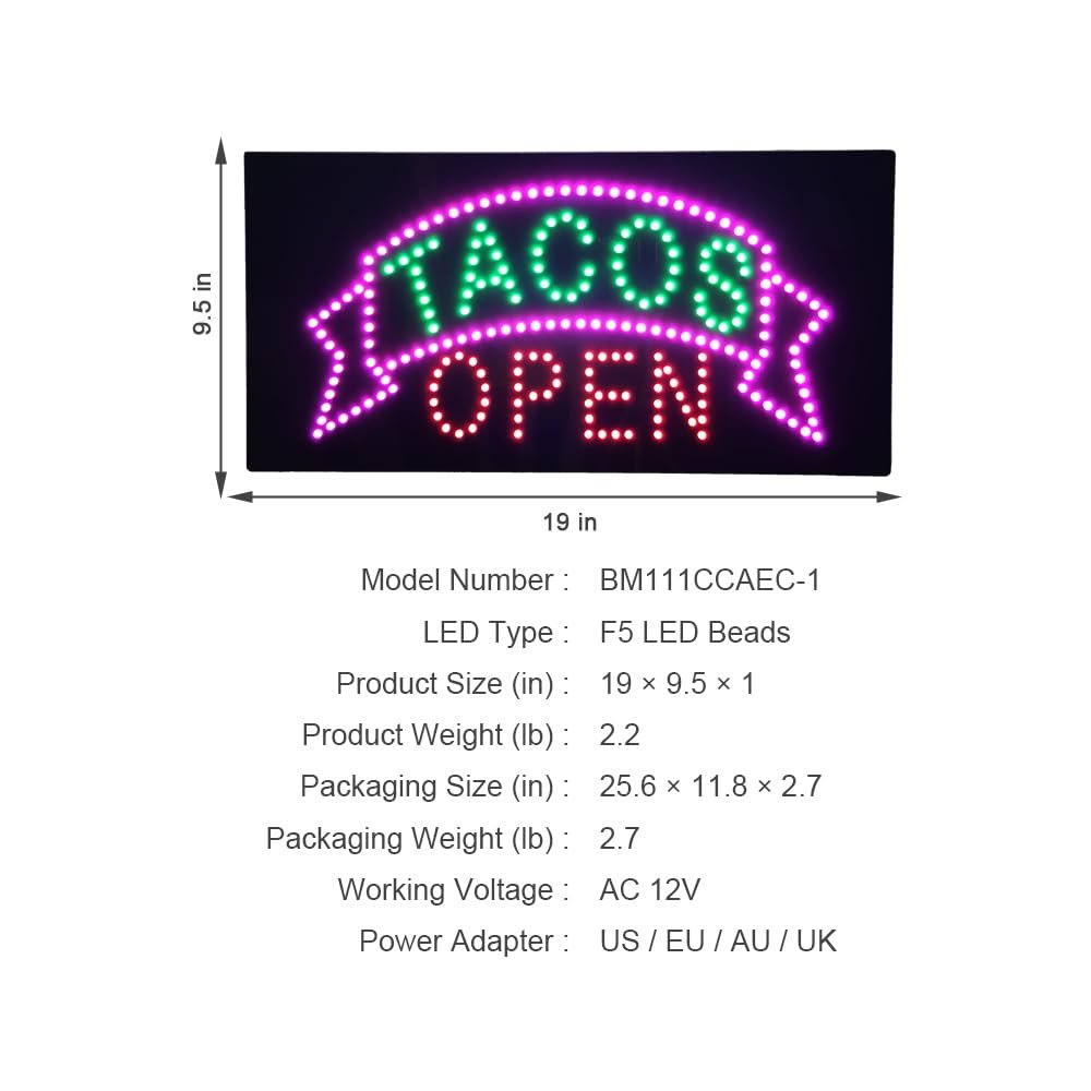 LED Tacos Sign, 19”x9.5” - Image 5