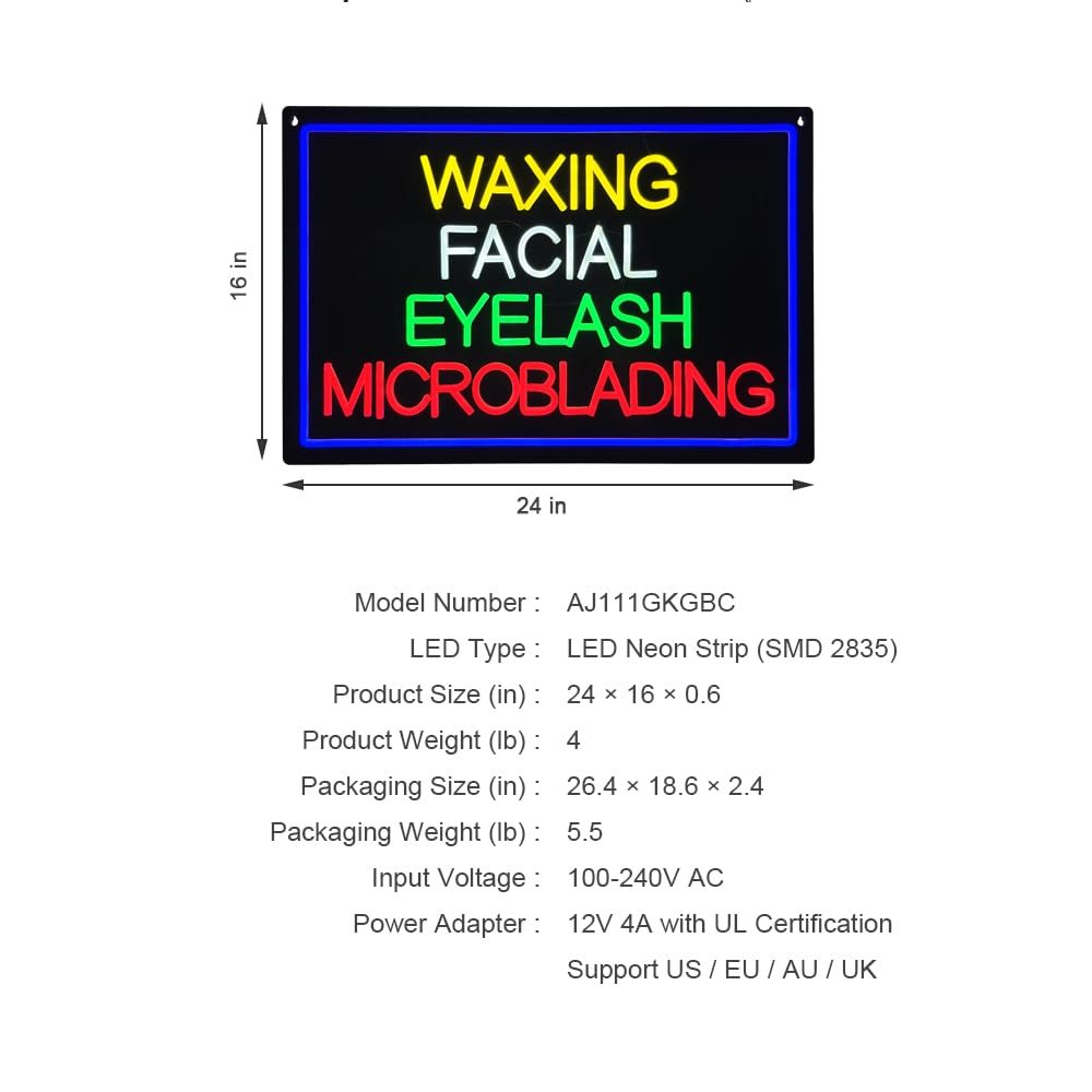 LED Waxing Facial Eyelash Microblading Neon Sign, 24"x16" - Image 6