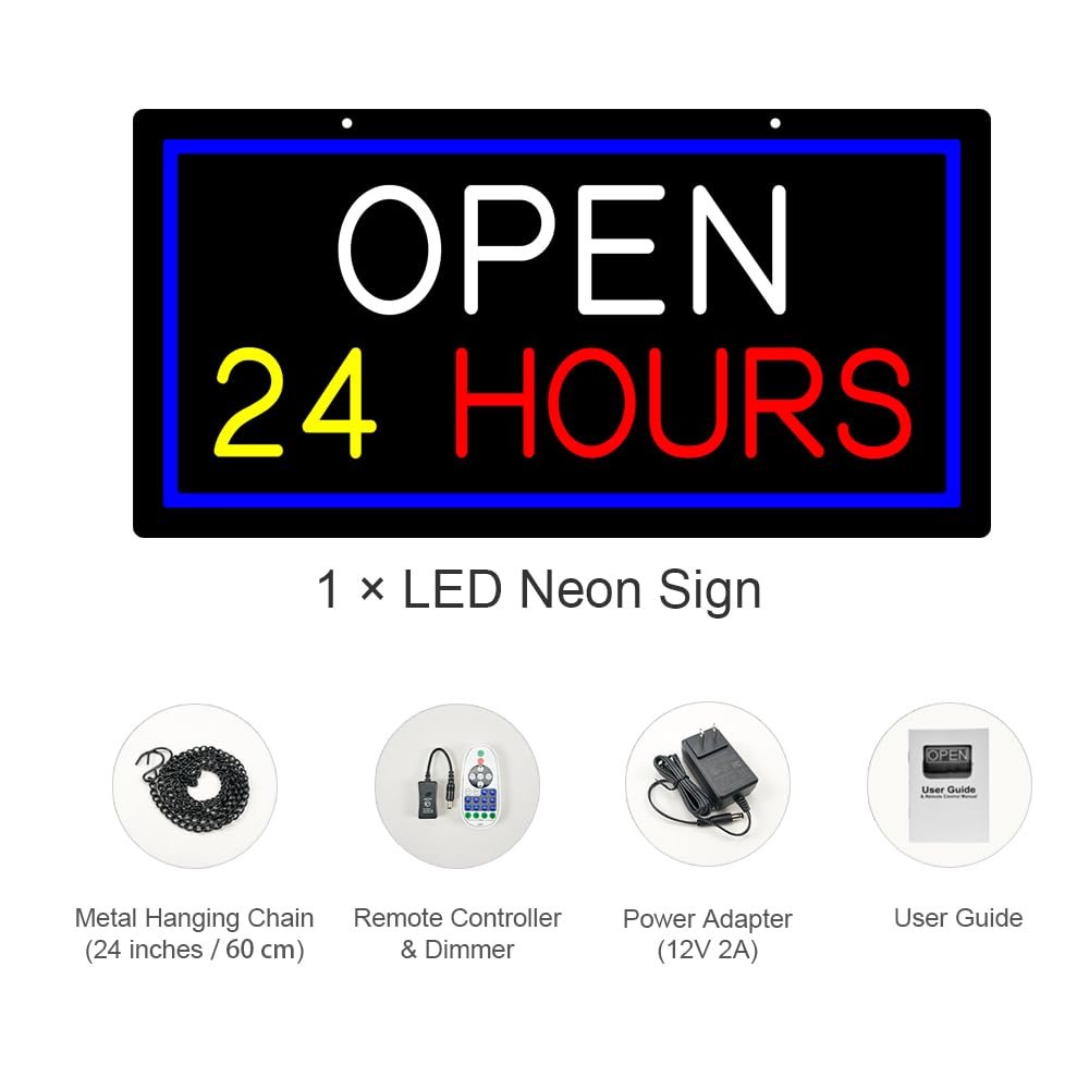 LED Open 24 hours Neon Sign, 20"x10" - Image 3