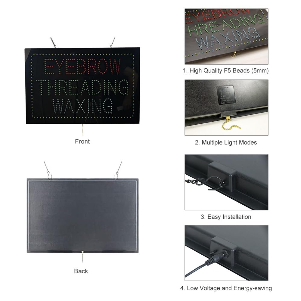 LED Eyebrow Threading Waxing Sign, 24"x16" - Image 5