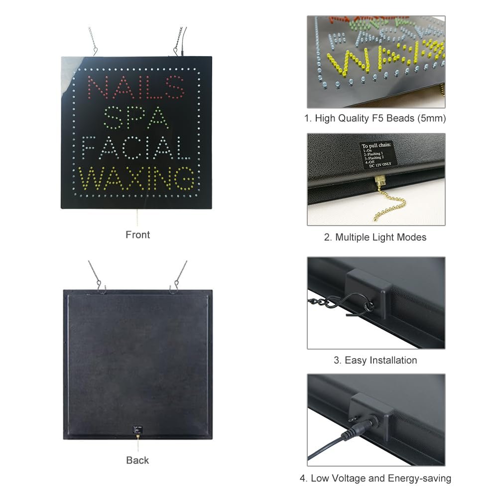 LED Nails SPA Facial Waxing Sign, 16"x16" - Image 4